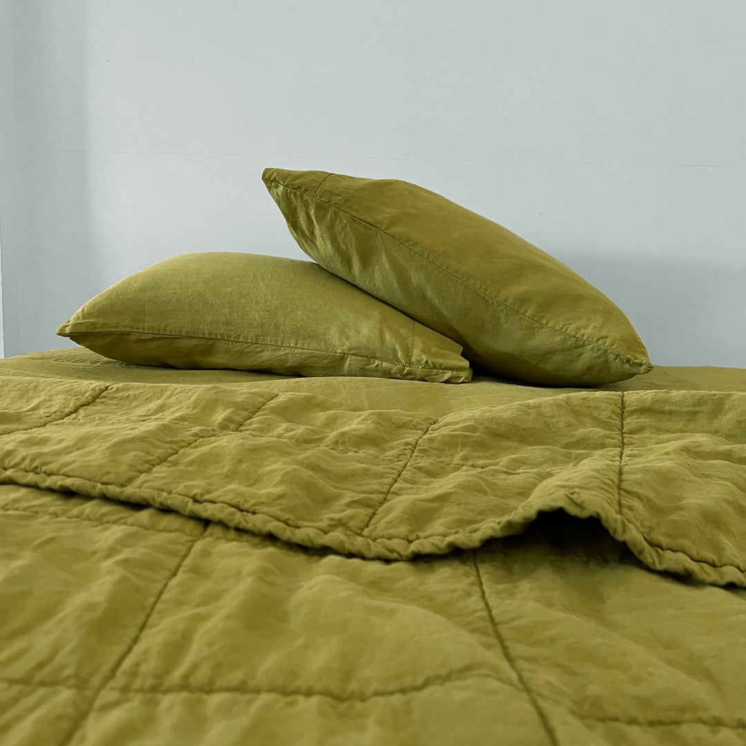 Golden Green Quilted Linen Coverlet