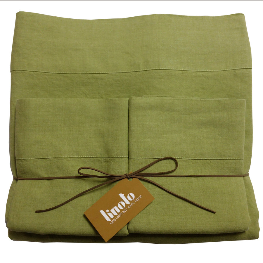 Golden Green Linen Queen Sheet Set Std/Queen Envelope Pillow Slips 14