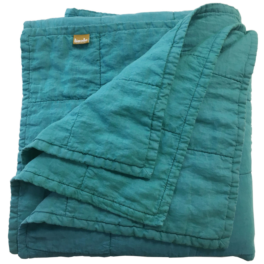 Teal Quilted Linen Coverlet