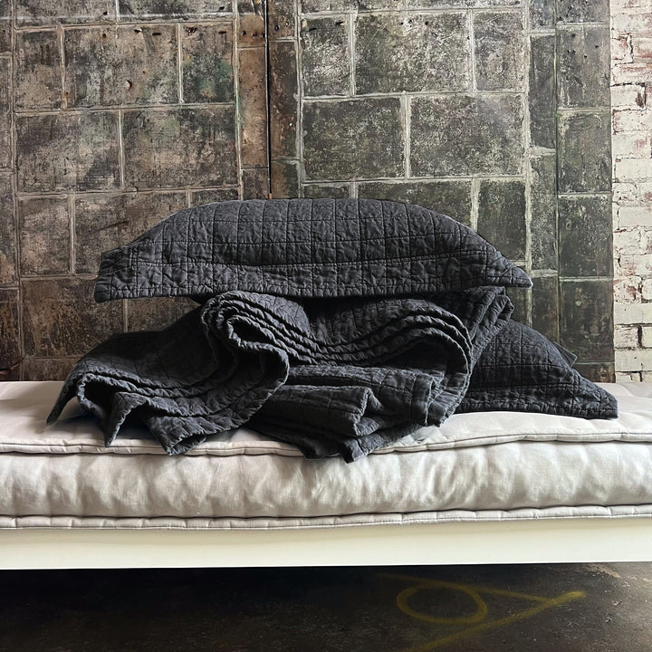 Graphite Quilted Linen Coverlet