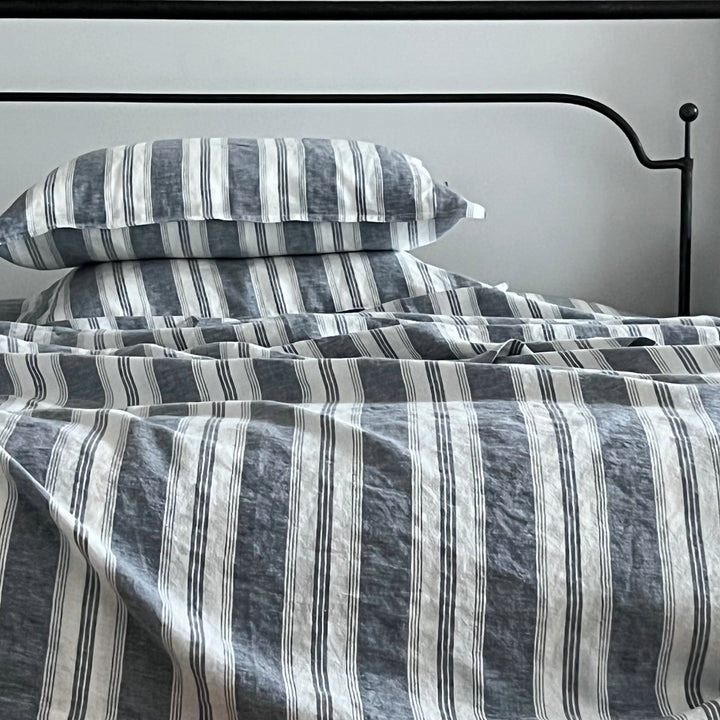 Navy Stripe 100% linen sheet set with pillow cases