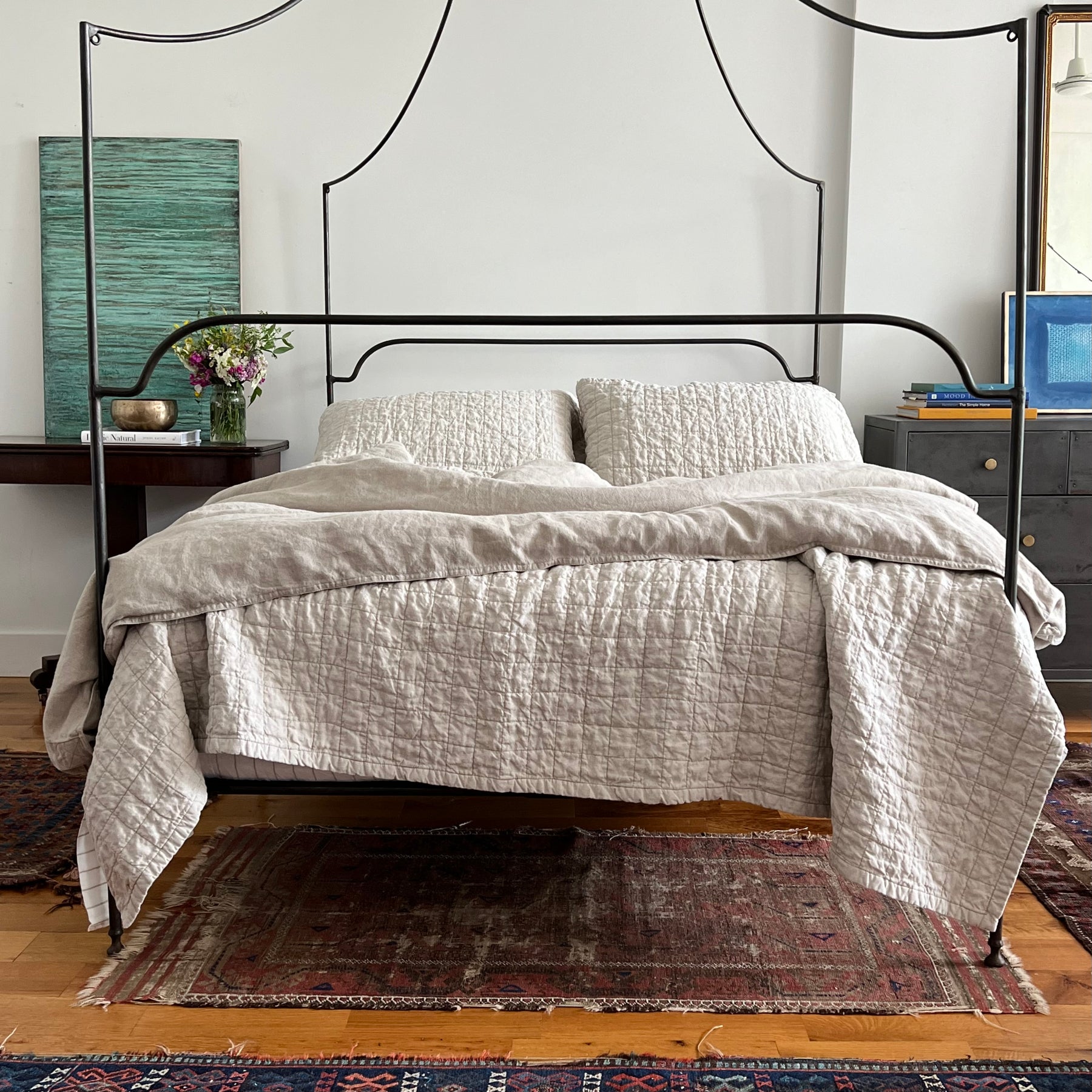 Natural Oatmeal Quilted Linen TwinXL Size Coverlet | Standard