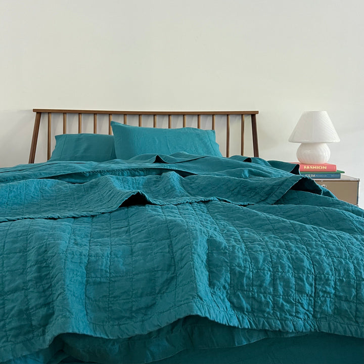 Teal Quilted Linen Coverlet
