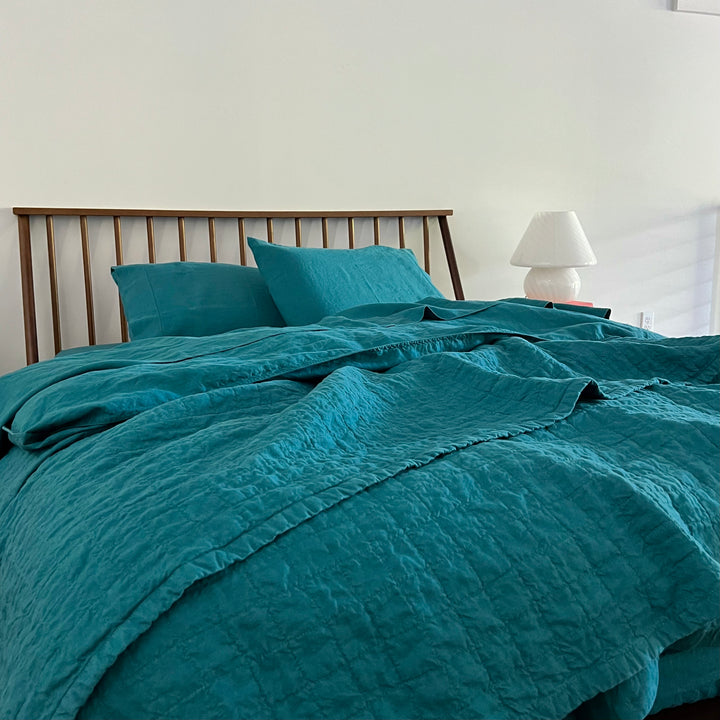 Teal Quilted Linen Coverlet