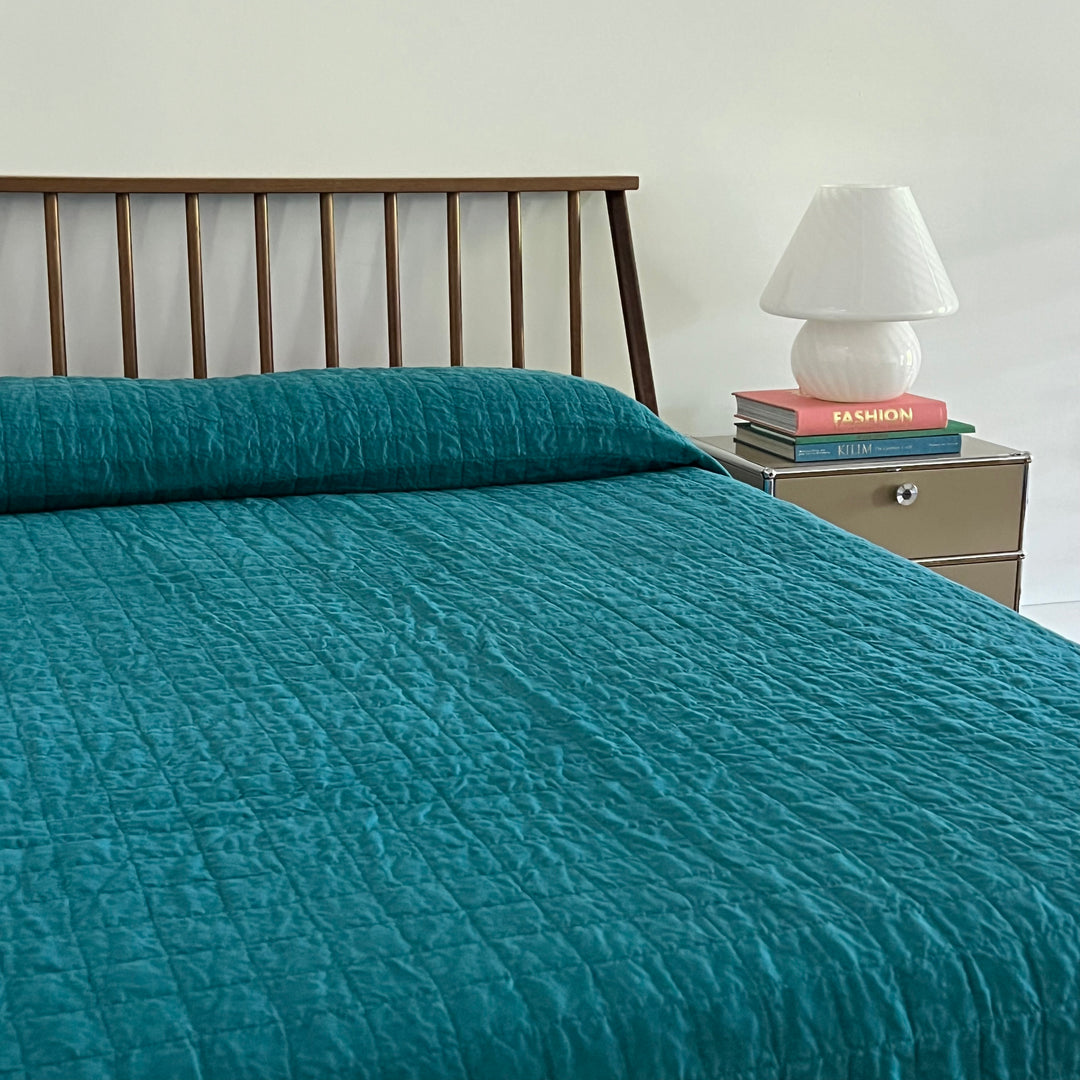 Teal Quilted Linen Coverlet