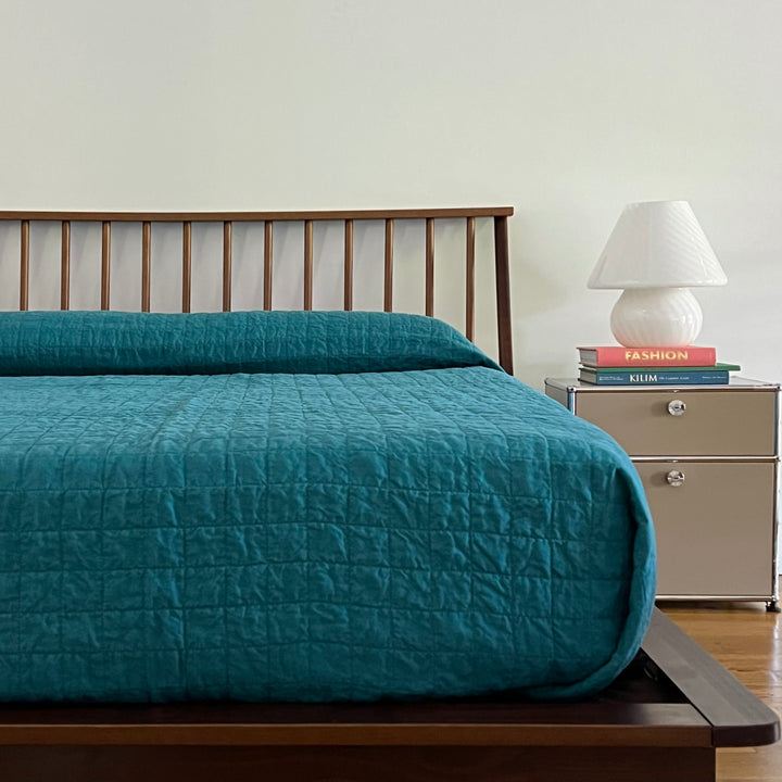 Teal Quilted Linen Coverlet